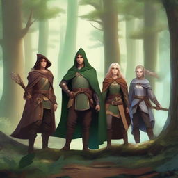 A high-quality digital art image showcasing a group of fantasy-based adventurers