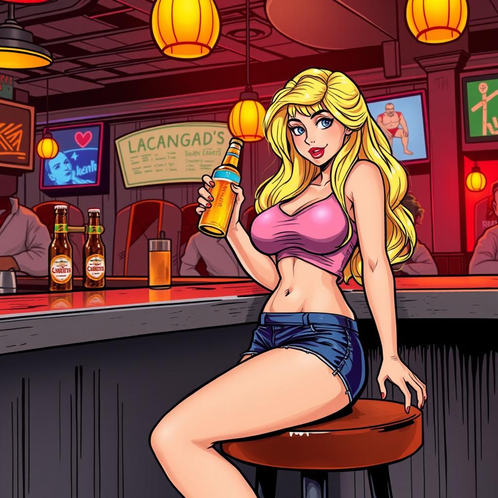 A realistic comic book-style illustration of a beautiful, sexy, curvy blonde girl with an innocent look