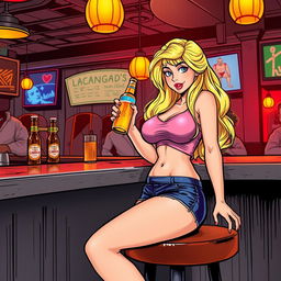 A realistic comic book-style illustration of a beautiful, sexy, curvy blonde girl with an innocent look