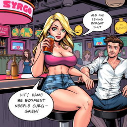 A realistic comic book-style illustration of a beautiful, sexy, curvy blonde girl with an innocent look