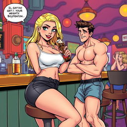 A realistic comic book-style illustration of a beautiful, sexy, curvy blonde girl with an innocent look