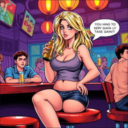 A realistic comic book-style illustration of a beautiful, sexy, curvy blonde girl with an innocent look