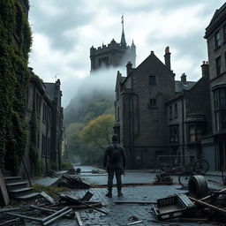 A striking post-apocalyptic cityscape of Edinburgh, featuring crumbling historic buildings overrun by nature, with dramatic ivy climbing the walls and trees sprouting through the cobblestones