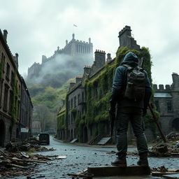 A striking post-apocalyptic cityscape of Edinburgh, featuring crumbling historic buildings overrun by nature, with dramatic ivy climbing the walls and trees sprouting through the cobblestones