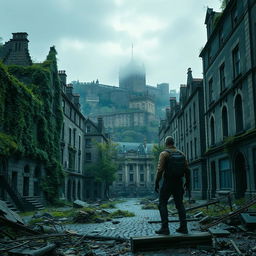 A striking post-apocalyptic cityscape of Edinburgh, featuring crumbling historic buildings overrun by nature, with dramatic ivy climbing the walls and trees sprouting through the cobblestones