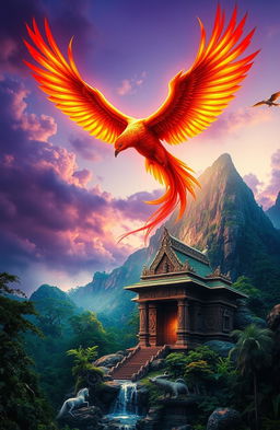 An awe-inspiring representation of a fantastical mythological scene, featuring a majestic phoenix soaring above the clouds, radiating vibrant colors of red, orange, and gold