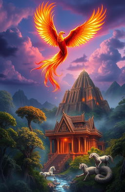 An awe-inspiring representation of a fantastical mythological scene, featuring a majestic phoenix soaring above the clouds, radiating vibrant colors of red, orange, and gold