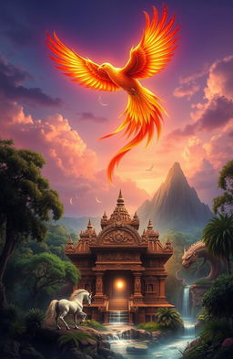 An awe-inspiring representation of a fantastical mythological scene, featuring a majestic phoenix soaring above the clouds, radiating vibrant colors of red, orange, and gold