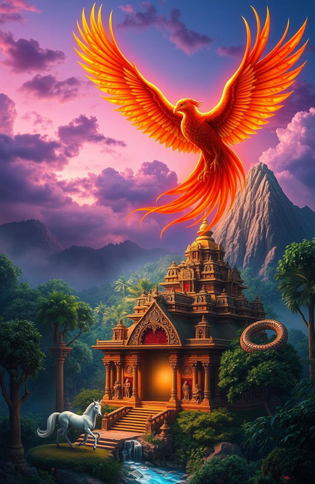 An awe-inspiring representation of a fantastical mythological scene, featuring a majestic phoenix soaring above the clouds, radiating vibrant colors of red, orange, and gold