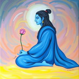 A peaceful portrayal of Shiva sitting sideways with closed eyes, wearing a flowing blue garment