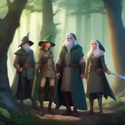 A high-quality digital art image showcasing a group of fantasy-based adventurers