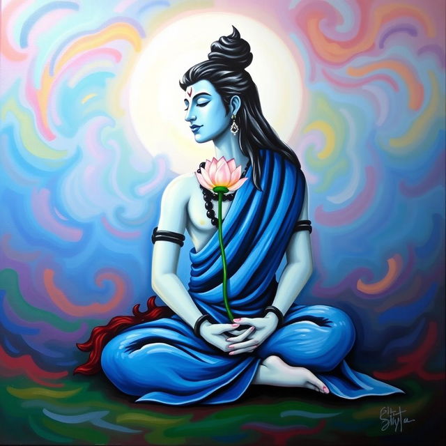 A peaceful portrayal of Shiva sitting sideways with closed eyes, wearing a flowing blue garment