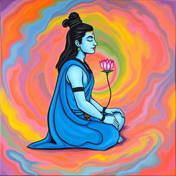 A peaceful portrayal of Shiva sitting sideways with closed eyes, wearing a flowing blue garment