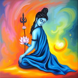 A peaceful portrayal of Shiva sitting sideways with closed eyes, wearing a flowing blue garment