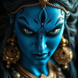 A close-up portrait of the goddess Kali, featuring her beautifully intense and angry eyes
