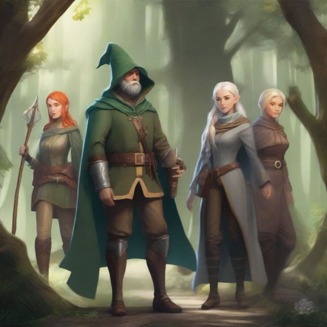 A high-quality digital art image showcasing a group of fantasy-based adventurers