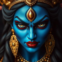 A close-up portrait of the goddess Kali, featuring her beautifully intense and angry eyes