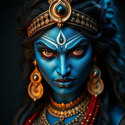 A close-up portrait of the goddess Kali, featuring her beautifully intense and angry eyes