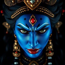 A close-up portrait of the goddess Kali, featuring her beautifully intense and angry eyes