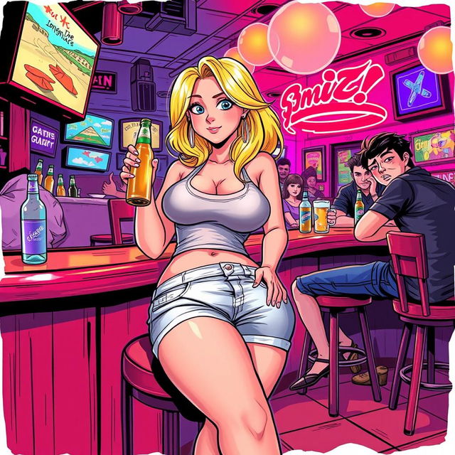 A vibrant and captivating illustration of a beautiful, sexy, curvy blonde girl exuding an innocent charm