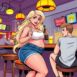 A vibrant and captivating illustration of a beautiful, sexy, curvy blonde girl exuding an innocent charm