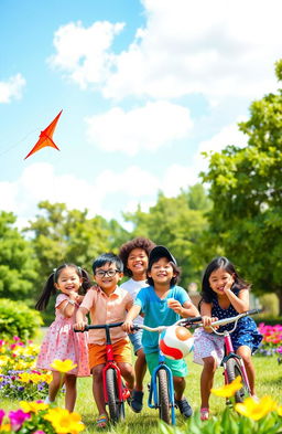 Five cheerful children playing together in a vibrant park, surrounded by lush green trees and colorful flowers