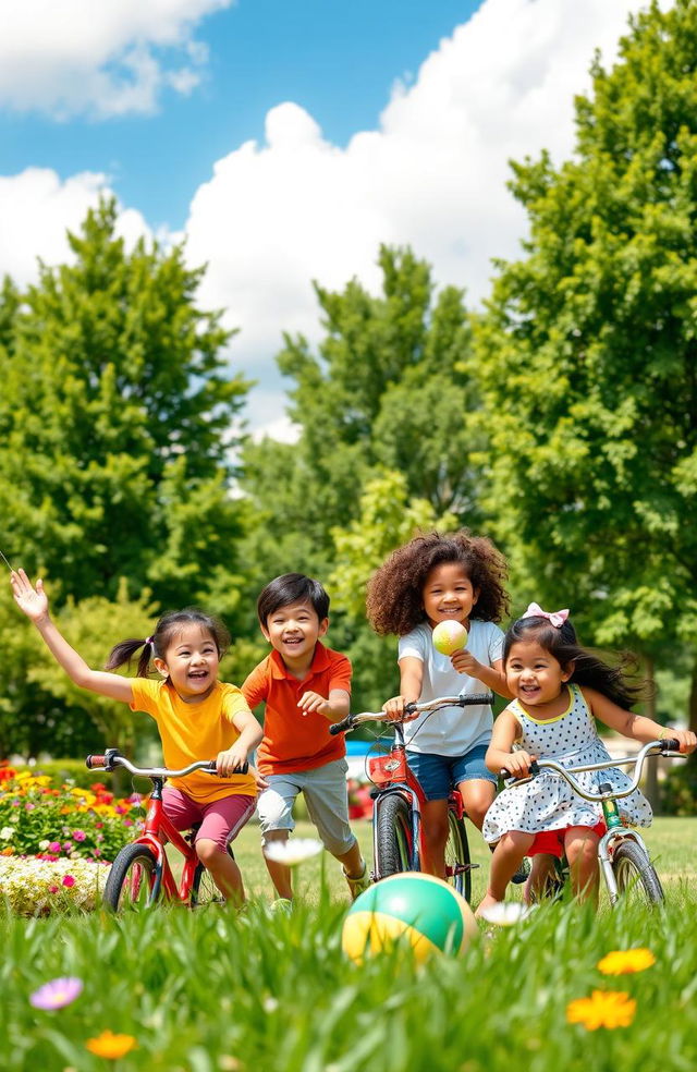 Five cheerful children playing together in a vibrant park, surrounded by lush green trees and colorful flowers