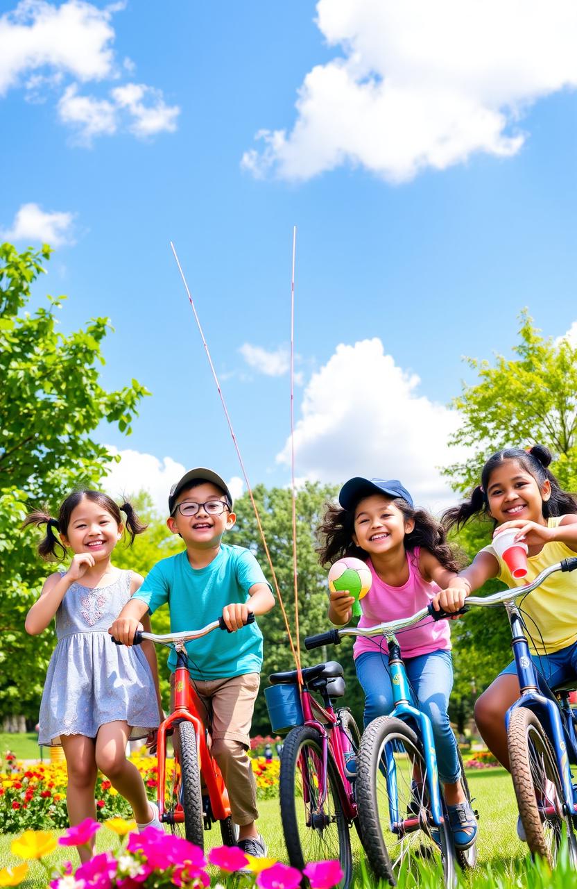 Five cheerful children playing together in a vibrant park, surrounded by lush green trees and colorful flowers