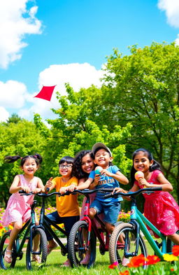 Five cheerful children playing together in a vibrant park, surrounded by lush green trees and colorful flowers