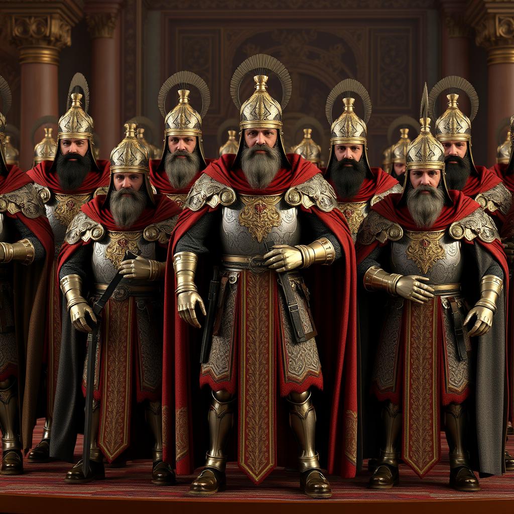Ten 3D representations of Byzantine imperial generals from the 15th century, dressed in ornate armor and traditional Byzantine garments that reflect their rank