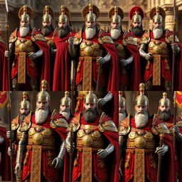 Ten 3D representations of Byzantine imperial generals from the 15th century, dressed in ornate armor and traditional Byzantine garments that reflect their rank