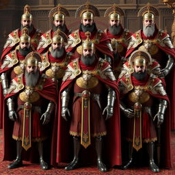 Ten 3D representations of Byzantine imperial generals from the 15th century, dressed in ornate armor and traditional Byzantine garments that reflect their rank