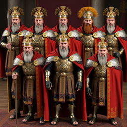 Ten 3D representations of Byzantine imperial generals from the 15th century, dressed in ornate armor and traditional Byzantine garments that reflect their rank
