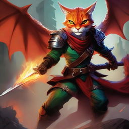 A high-quality digital art image portrays a nimble catfolk rogue, brandishing a gleaming dagger, locked in a fierce battle with a monstrous dragon