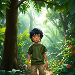 A young boy named Rohan, approximately 8 years old, standing in a dense, lush jungle