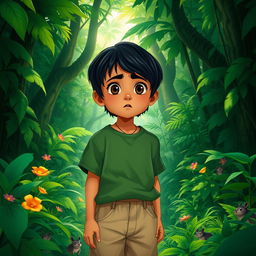 A young boy named Rohan, approximately 8 years old, standing in a dense, lush jungle