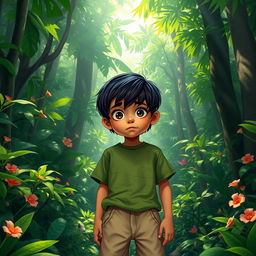 A young boy named Rohan, approximately 8 years old, standing in a dense, lush jungle