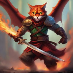 A high-quality digital art image portrays a nimble catfolk rogue, brandishing a gleaming dagger, locked in a fierce battle with a monstrous dragon