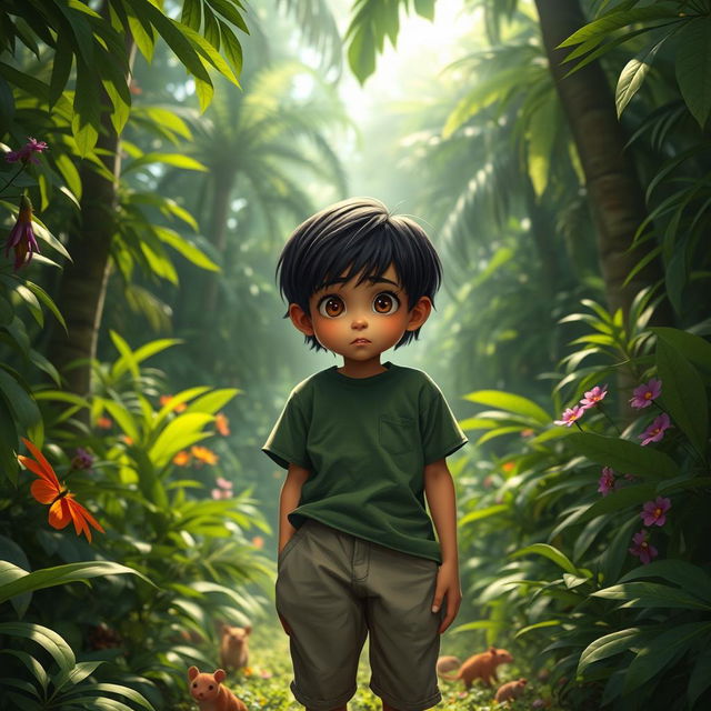 A young boy named Rohan, approximately 8 years old, standing in a dense, lush jungle