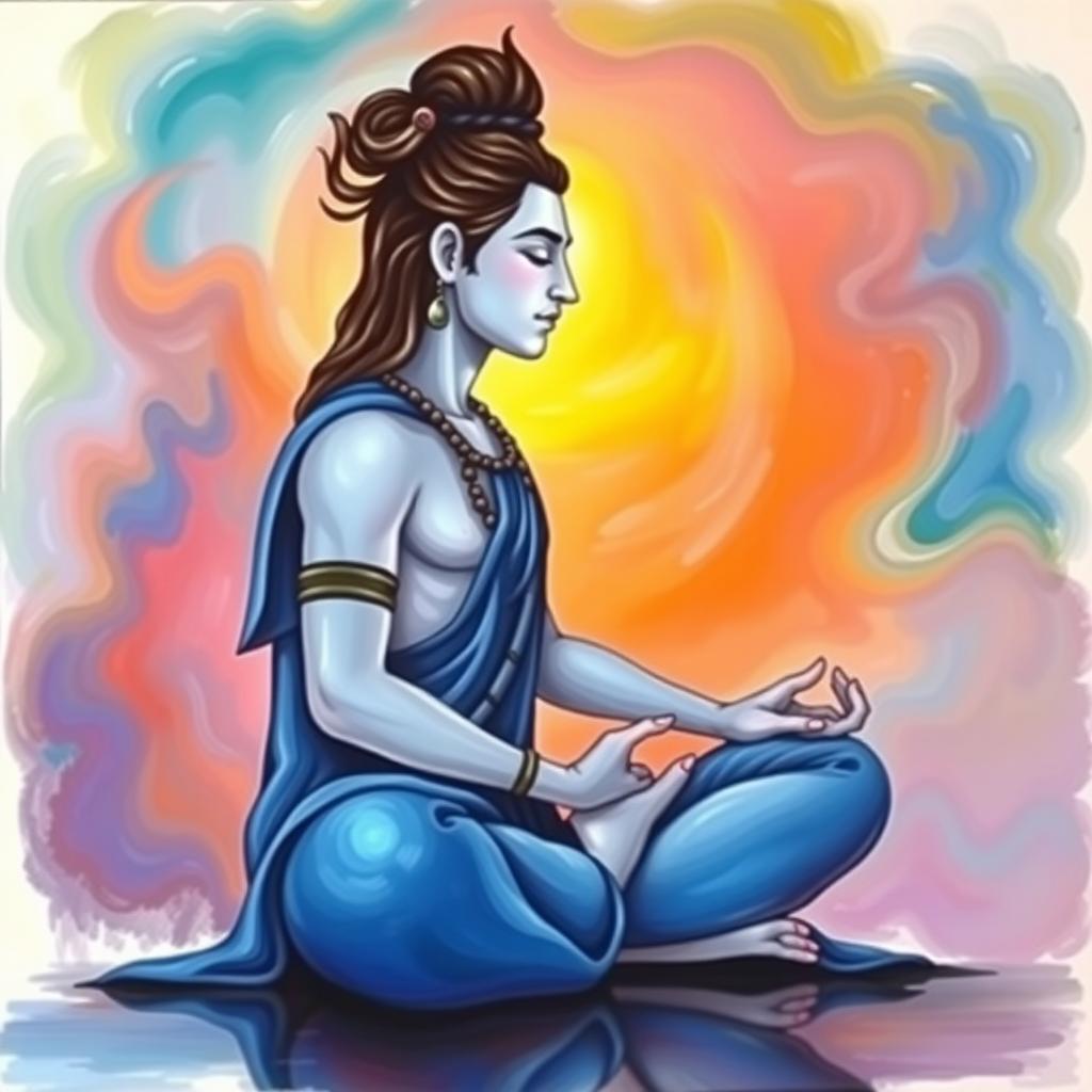 A tranquil depiction of Shiva sitting in profile, deeply meditating with closed eyes