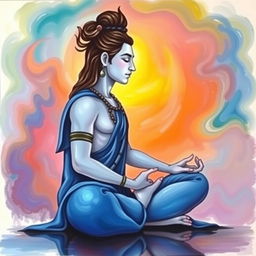 A tranquil depiction of Shiva sitting in profile, deeply meditating with closed eyes