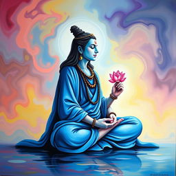 A tranquil depiction of Shiva sitting in profile, deeply meditating with closed eyes