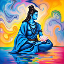 A tranquil depiction of Shiva sitting in profile, deeply meditating with closed eyes