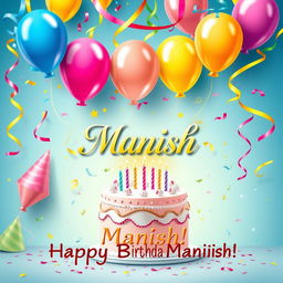 A colorful and festive birthday card featuring balloons, confetti, and a beautiful cake with candles