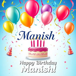 A colorful and festive birthday card featuring balloons, confetti, and a beautiful cake with candles