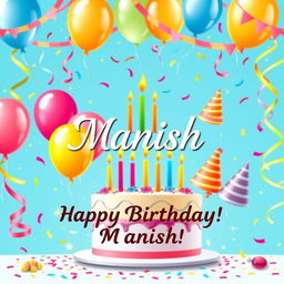 A colorful and festive birthday card featuring balloons, confetti, and a beautiful cake with candles