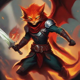 A high-quality digital art image portrays a nimble catfolk rogue, brandishing a gleaming dagger, locked in a fierce battle with a monstrous dragon