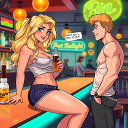 A stunning scene featuring a beautiful, sexy, curvy blonde girl with an innocent charm, wearing tight shorts and a snug tank top