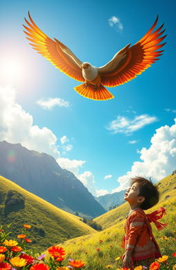 A vibrant scene depicting a majestic Garuda, a mythical bird-like creature from Asian mythology, soaring through a bright blue sky, with large, beautifully detailed wings spread wide