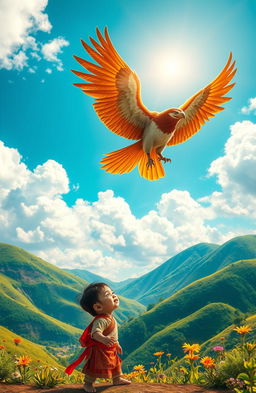 A vibrant scene depicting a majestic Garuda, a mythical bird-like creature from Asian mythology, soaring through a bright blue sky, with large, beautifully detailed wings spread wide